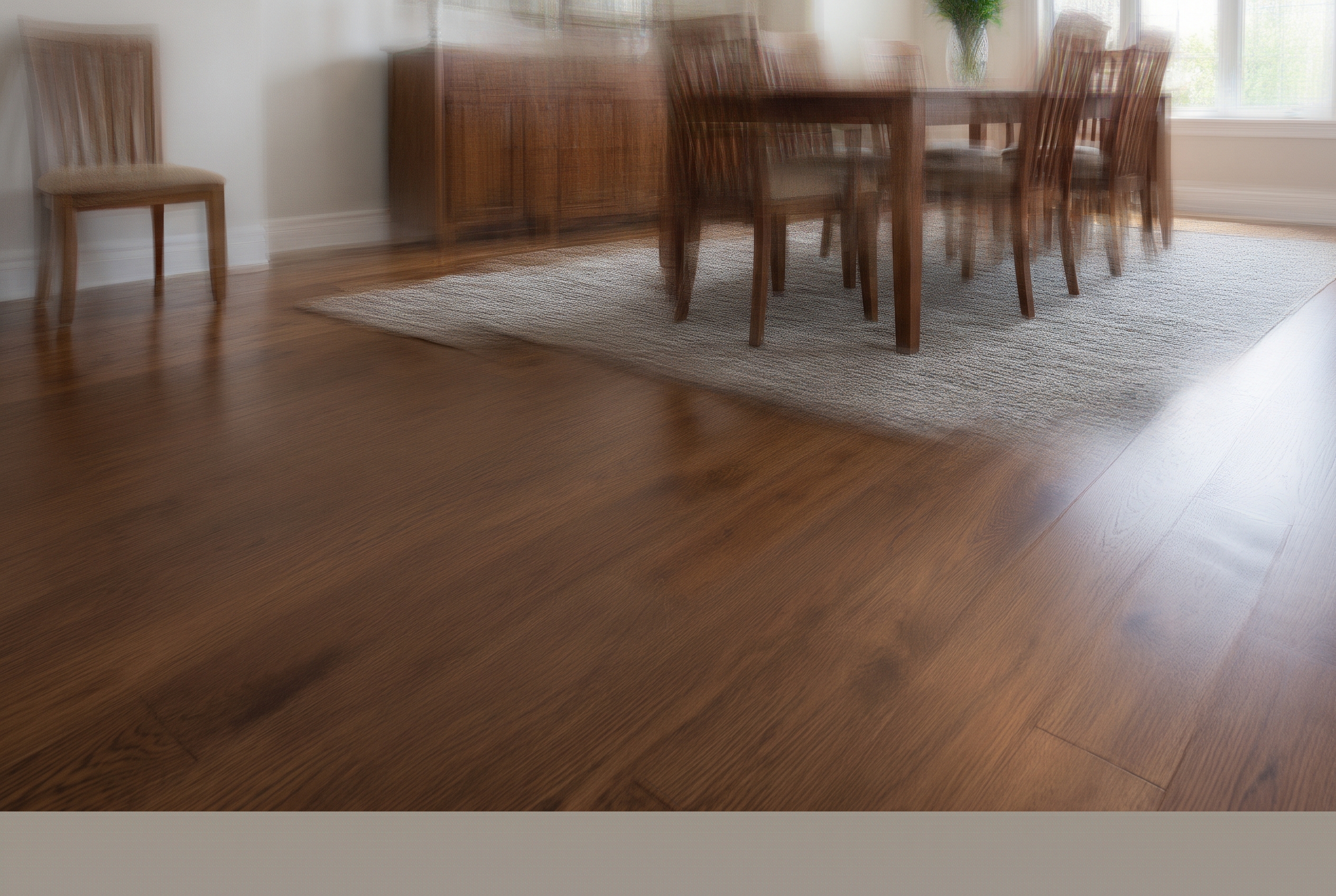 Rich walnut-look flooring in a dining room