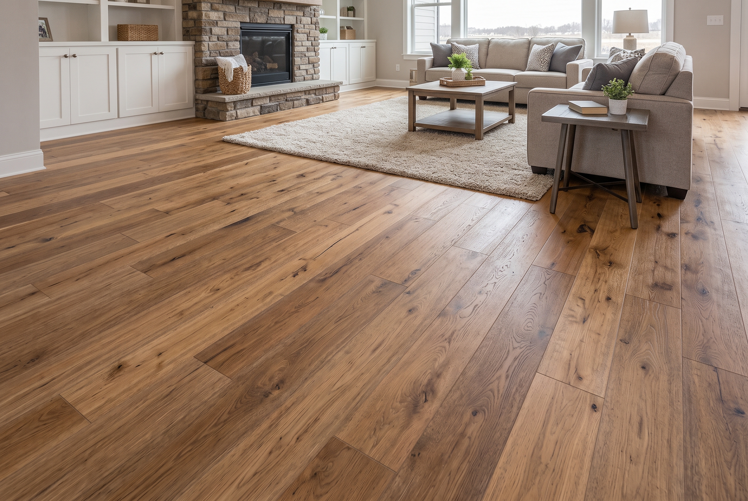 Warm natural wood-look flooring in a bright family living room